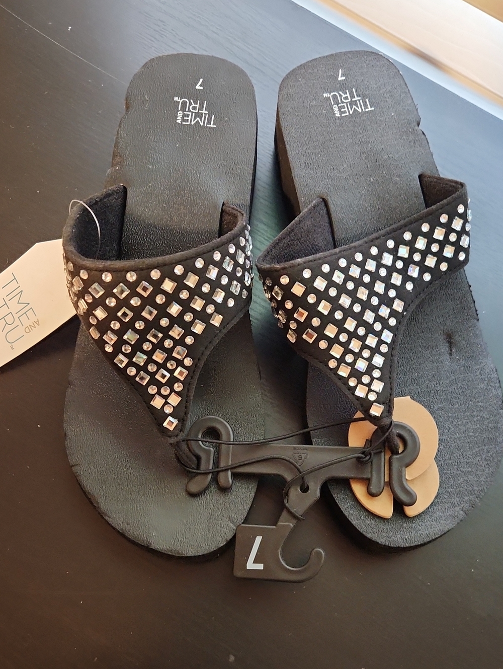 Time and Tru Black Jeweled Thong Sandals - Sparkle Accents